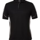 Black polo shirt with short sleeves and a three-button collar. The shirt has white side panels that curve from the underarm to the hemline. Made of a smooth, lightweight fabric.