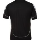 Back view of a black short-sleeved athletic shirt with white accents along the shoulders and sides. The shirt has a collar and appears to be made of a lightweight, breathable fabric.