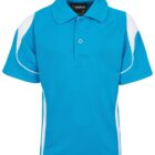 Blue short-sleeved polo shirt with white side panels and piping detail. The shirt features a single button and a collar.