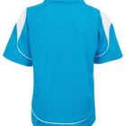 Back view of a blue polo shirt with white accents on the shoulders and a white trim at the hem. The shirt has short sleeves and a collar.