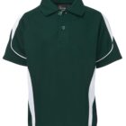 A dark green polo shirt with a collar and buttons, featuring white panel accents on the sides and shoulders.