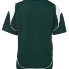 Back view of a short-sleeve polo shirt with a dark green main color and white side panels. The shirt has a collar and white piping detail near the hem and sleeves.
