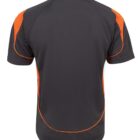 Back view of a short-sleeved polo shirt. The shirt is primarily dark gray with vivid orange accents on the shoulders, sides, and around the lower back. The collar is dark gray.