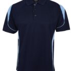 A navy blue polo shirt with light blue side panels and sleeves. It features a collar and a three-button placket. The shirt is displayed on a plain white background.