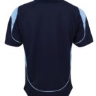 Rear view of a navy blue polo shirt with light blue shoulder panels and white piping along the sides and bottom edge. The shirt has short sleeves and a collar. The fabric appears smooth and fitted.
