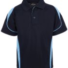 A navy blue polo shirt with light blue panels on the sleeves and sides. The shirt has a collar and a two-button placket.
