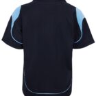 A black short-sleeve polo shirt with light blue accents on the shoulders and piping. The shirt is shown from the back, highlighting its sporty design and relaxed fit.