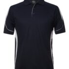 A black short-sleeve polo shirt with white accents on the sides and sleeves. The shirt has a classic collar and a three-button placket.