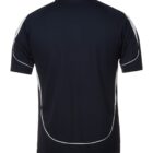 A black short-sleeve athletic shirt with white piping details is shown from the back. The design features a polo collar and intricate curved lines running down the sides and across the back.