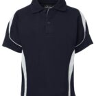 A black polo shirt featuring white side panels and piping along the sleeves. The shirt has a collar and two buttons at the front. The fabric appears smooth and lightweight.