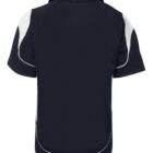 Back view of a short-sleeve polo shirt in black with white panels on the shoulders and sides. The shirt has a collar and a simple design.
