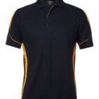 A black polo shirt with short sleeves and three buttons. It features yellow panels on the sides, adding a pop of color to the design. The shirt is displayed against a plain white background.