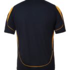 Back view of a short-sleeved, dark blue sports polo shirt with yellow shoulder and side accents. The shirt features a collar and is made of a smooth fabric, highlighting its sporty design.