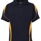 A black polo shirt with yellow side panels and two buttons at the collar is displayed against a plain background.