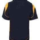 Back view of a navy and yellow short-sleeved polo shirt. The shirt features yellow accents on the shoulders and down the sides. It has a collar and appears to be made from a breathable fabric.