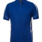 Blue polo shirt with a collar and three buttons. The shirt features white piping along the shoulders and sides, with short sleeves.