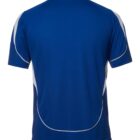 A blue short-sleeved athletic shirt with white accents and piping, viewed from the back. The shirt has a round collar and a simple design with curved lines on the sides.