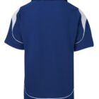 Back view of a blue short-sleeve polo shirt with white accents on the shoulders and piping along the seams. The shirt has a collar and is displayed against a white background.