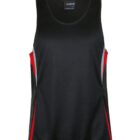 A black athletic tank top with gray and red accents. It has a sleeveless design and a round neckline. The fabric appears light and breathable, suitable for sports or fitness activities.