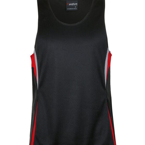 A black athletic tank top with gray and red accents. It has a sleeveless design and a round neckline. The fabric appears light and breathable, suitable for sports or fitness activities.