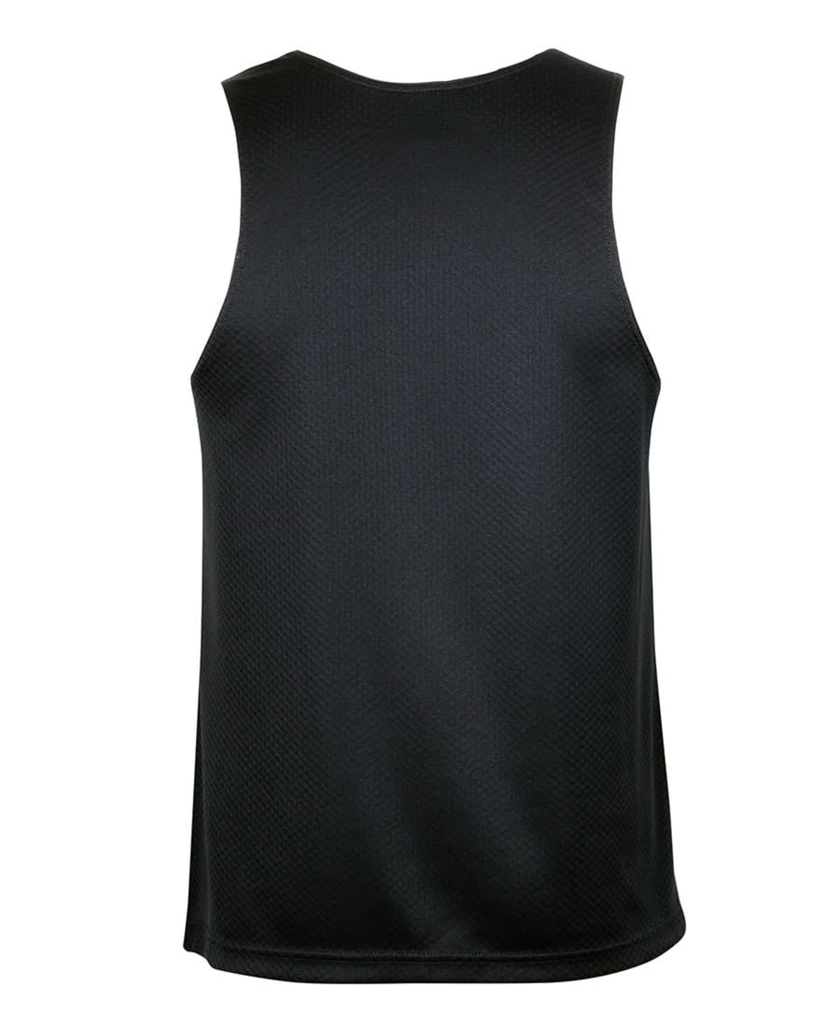 Black sleeveless sports jersey with a textured fabric, shown from the back against a white background.