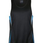 Black athletic tank top with blue and gray side panels. The tank has a simple design and mesh-like fabric, suitable for sports and exercise.