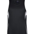 Black sleeveless athletic tank top with white side panels and a small logo on the chest. The fabric appears lightweight and breathable, suitable for sports or exercise.
