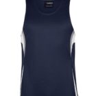 A navy blue athletic tank top with white side panels. The fabric appears to be breathable, suitable for sports and exercise.