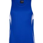 A blue sleeveless athletic tank top with white side panels and a small black label on the inside back.