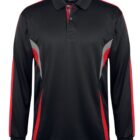 Long-sleeved black polo shirt with red and gray accents. The shirt features a textured fabric, a button-down collar, and a design with vertical red stripes on the sleeves and gray curved stripes on the sides of the chest.