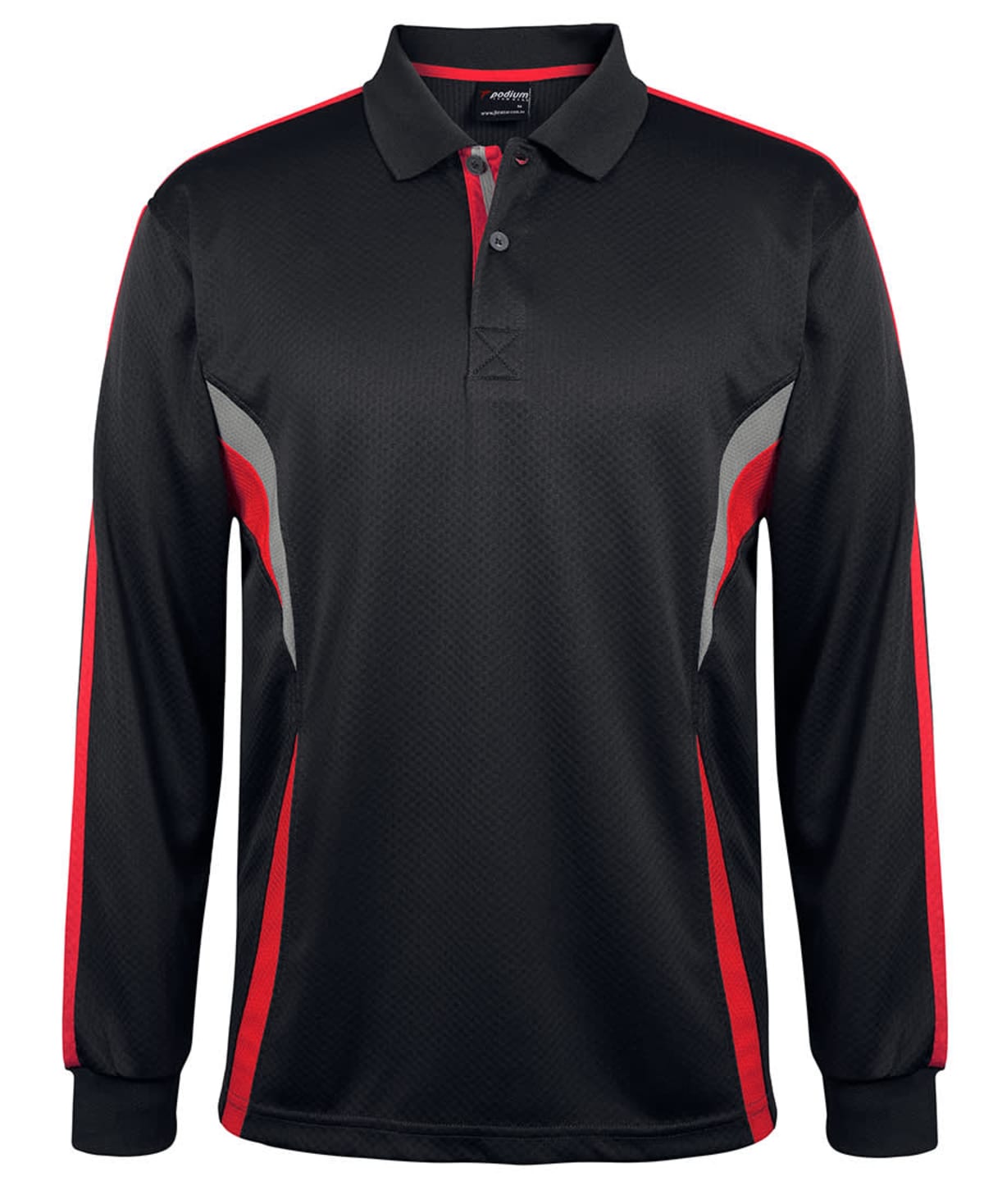 Long-sleeved black polo shirt with red and gray accents. The shirt features a textured fabric, a button-down collar, and a design with vertical red stripes on the sleeves and gray curved stripes on the sides of the chest.