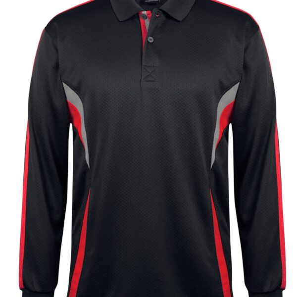 Black long-sleeve polo shirt with red and gray accents. The shirt features a buttoned collar and a textured fabric design, with red and gray stripes on the shoulders and sides.