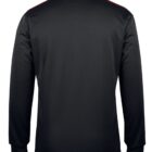 Back view of a long-sleeved black jacket with a subtle dotted texture, featuring a collar and ribbed cuffs. A slim red stripe runs along the shoulders, adding a touch of contrast to the otherwise plain design.