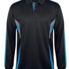 A long-sleeved, black polo shirt with blue and gray accents along the sides and collar. The shirt features a buttoned placket and a textured fabric.