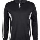 A black long-sleeve polo shirt with a white stripe design on the sides and sleeves. The shirt has a collar, three buttons, and a brand label at the neckline.