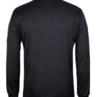 A black, long-sleeve polo shirt shown from the back, featuring a straight collar and ribbed cuffs. The fabric has a subtle textured pattern, giving it a sleek and elegant appearance.