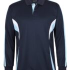 A long-sleeved, dark blue polo shirt with light blue and white accents on the sides and sleeves, displayed against a plain background. The shirt features a button-up collar.