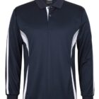 A long-sleeved, black sports polo shirt with a collar and three buttons. It features white and gray stripe accents on the sides and sleeves.