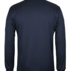 A long-sleeved, navy blue polo shirt is shown from the back. It features a simple design with a collar and cuffed sleeves, with no visible logos or patterns.