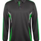 A long-sleeve polo shirt with a textured black fabric, featuring green and gray accents on the sides and shoulders. It has a button-up collar and a straight hem.