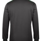 The image shows the back of a long-sleeved, dark gray shirt with a subtle texture. The shirt features a classic collar and ribbed cuffs. A thin green stripe runs along the top of the shoulders.