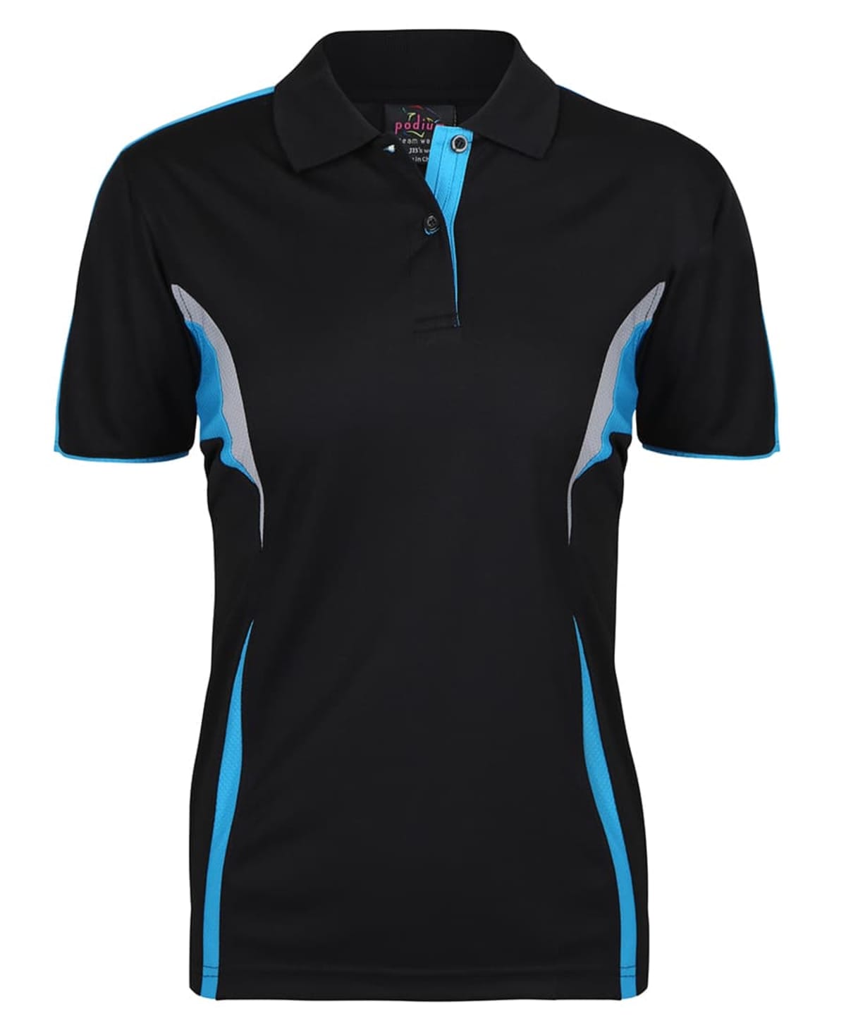 Black polo shirt with short sleeves, featuring light blue and gray accents on the sides. The shirt has a collar and a button placket in front, with a blue button detail. The design is sporty and modern.