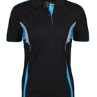 A black polo shirt with blue accents on the sides and shoulders. The shirt features a collar and a button-up neckline.