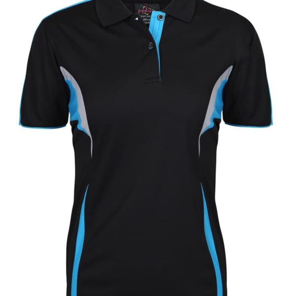 A black polo shirt with blue accents on the sides and shoulders. The shirt features a collar and a button-up neckline.