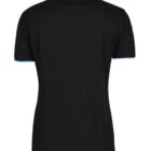 Back view of a black short-sleeve polo shirt with a collar. The shirt features light blue trim on the sleeve edges.