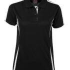 Black polo shirt with white accents along the sides and sleeves, featuring a classic collar and a two-button placket.