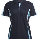 A black short-sleeve polo shirt with light blue and white accents on the sides and sleeves. The shirt has a buttoned collar and a small logo at the top center below the neckline.