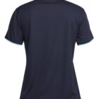Back view of a navy blue short-sleeved polo shirt. The shirt features a classic collar and subtle light blue piping along the edges of the sleeves. The fabric appears smooth and slightly textured.