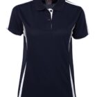 A black polo shirt with white accents on the sides and shoulders. It features a short collar and a button-up neckline.