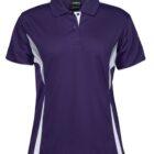Purple polo shirt with white accents on the sides and under the arms. The shirt has a collar and a buttoned neckline.